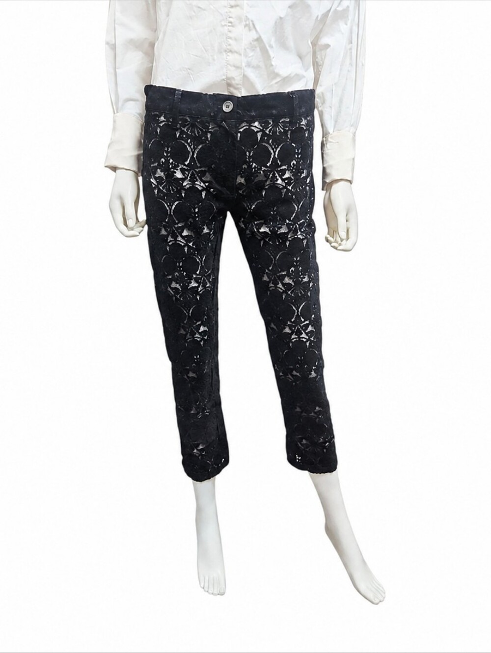 ANN DEMEULEMEESTER | Black Burnout Velvet Cropped Runway Pants EU 38 / US 10
